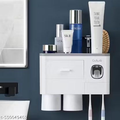 Toothpaste Dispenser Bathroom Accessories, 2 Cups Automatic Toothbrush Holder Wall Mounted Bathroom Decor Smart Home Products Tooth Brushing Holder with Automatic