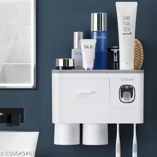 Toothpaste Dispenser Bathroom Accessories, 2 Cups Automatic Toothbrush Holder Wall Mounted Bathroom Decor Smart Home Products Tooth Brushing Holder with Automatic