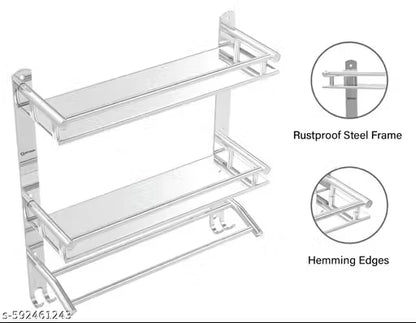 GRIVEX Stainless Steel Wall Mounted Bathroom Shelf with Towel Rack & Dual Hooks – 2 Tier Storage Organizer