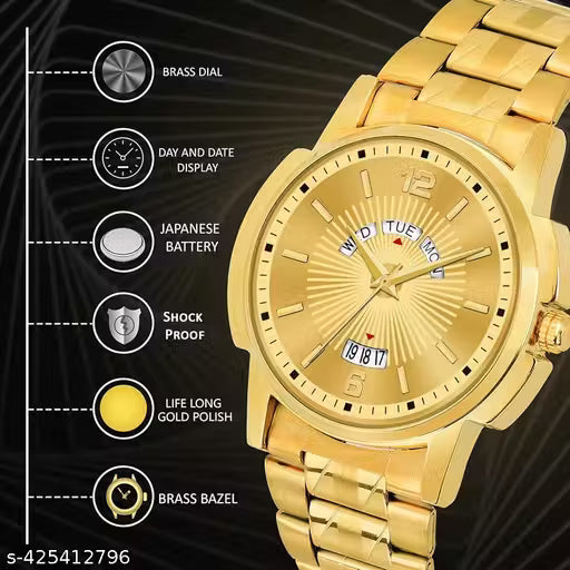 Elegant Fashion Style Men Golden Day Date Waterproof Watch Round Dial With One Year Golden Polish Warranty
