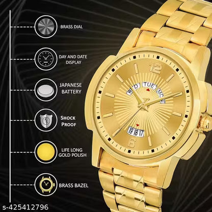 Elegant Fashion Style Men Golden Day Date Waterproof Watch Round Dial With One Year Golden Polish Warranty