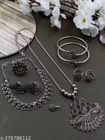 Premium Quality Brass Oxidised Short Necklace with pendant, Earrings, Kada, Toering, Ring and Nose Pin Set |German Silver Indian Jewellery |Indian Traditional Jewellery | Necklace for Girls and Women | Antique Heavy Necklace set | Silver Coloured Chunky
