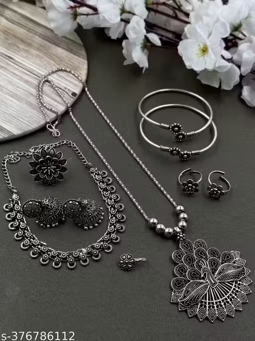Premium Quality Brass Oxidised Short Necklace with pendant, Earrings, Kada, Toering, Ring and Nose Pin Set |German Silver Indian Jewellery |Indian Traditional Jewellery | Necklace for Girls and Women | Antique Heavy Necklace set | Silver Coloured Chunky
