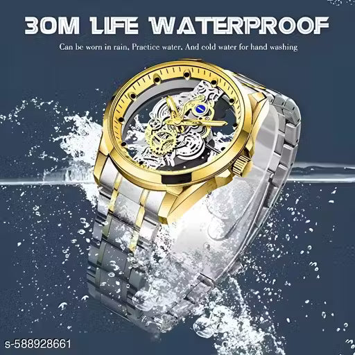Luxury Silver & Gold Skeleton Automatic Watch with Transparent Dial & Golden Gear Design