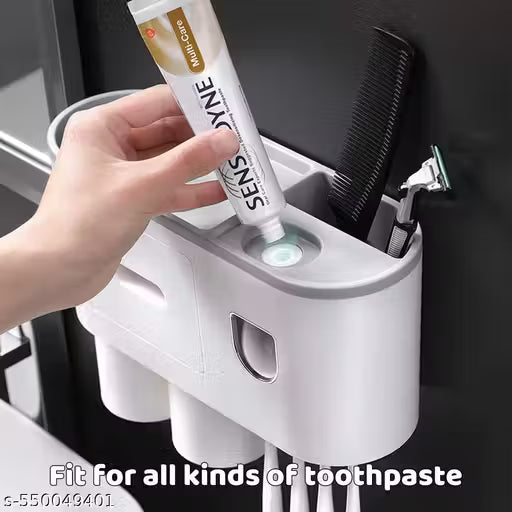 Toothpaste Dispenser Bathroom Accessories, 2 Cups Automatic Toothbrush Holder Wall Mounted Bathroom Decor Smart Home Products Tooth Brushing Holder with Automatic