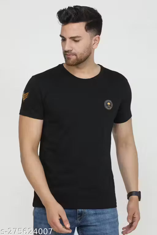 Classic Designer Men Round Neck Black Cotton Blend Tshirts