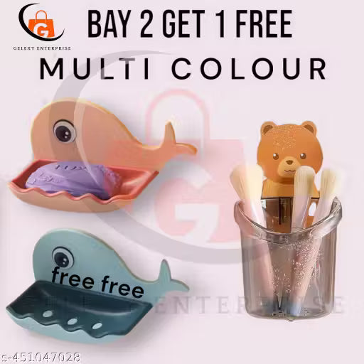 Bear ToothBrush Holder (Pack of 1) Self Adhesive Multipurpose Organizer for Cosmetics 4Pcs Plastic Toothbrush Holder (Multicolor, Wall Mount) and Plastic Soap Holder Beautiful Fish Shape Sop Dish Case Holder Bathroom Accessory ( Pack of 2)