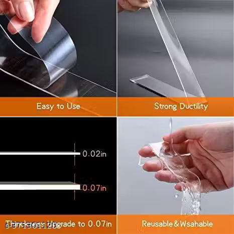 ape Double Sided Traceless Heavy Duty Self Adhesive Universal Powerful Transperant Glue Strong Grip For Home Wall Clothes Ivy Grip Magic Tape Removable Washable Reusable (1INCH x 3M)