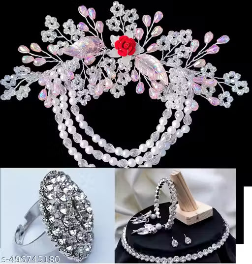 New fancy 4 item combo of hair tiara and beautiful necklace with latkan breslet ring free