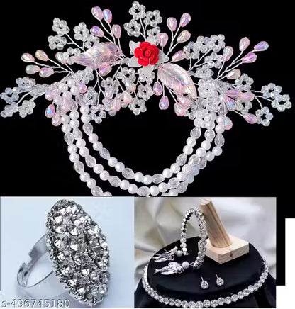 New fancy 4 item combo of hair tiara and beautiful necklace with latkan breslet ring free