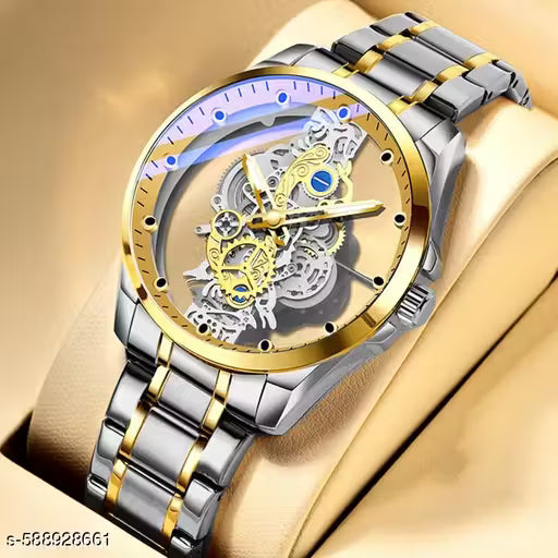 Luxury Silver & Gold Skeleton Automatic Watch with Transparent Dial & Golden Gear Design
