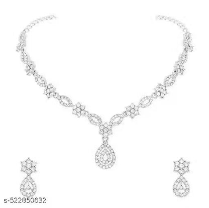 Stylish Designed Rose Gold & Silver Polish AD Stone Studded Choker Necklace Jewellery Combo set with Matching Pair of Earrings for Women and Girls