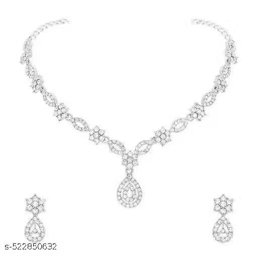 Stylish Designed Rose Gold & Silver Polish AD Stone Studded Choker Necklace Jewellery Combo set with Matching Pair of Earrings for Women and Girls