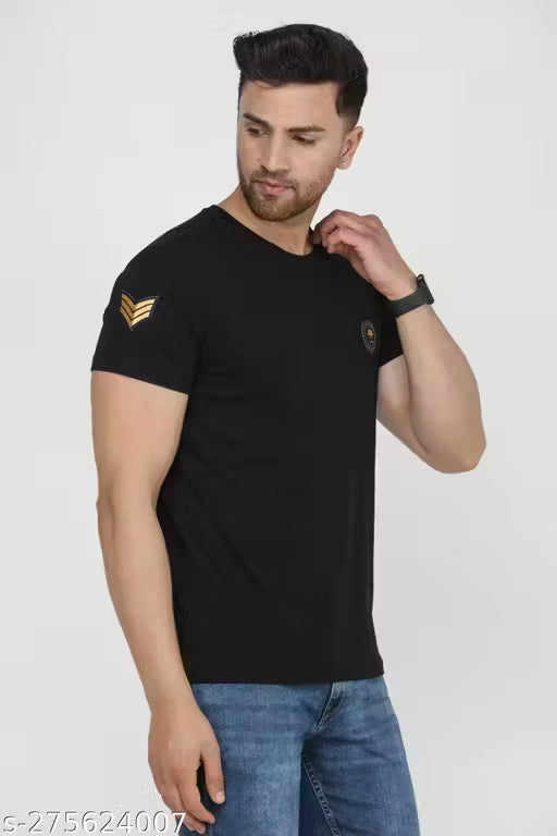 Classic Designer Men Round Neck Black Cotton Blend Tshirts