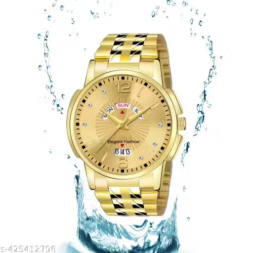 Elegant Fashion Style Men Golden Day Date Waterproof Watch Round Dial With One Year Golden Polish Warranty