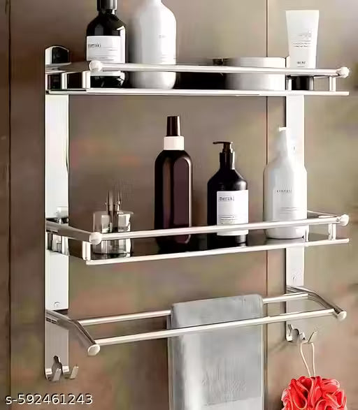 GRIVEX Stainless Steel Wall Mounted Bathroom Shelf with Towel Rack & Dual Hooks – 2 Tier Storage Organizer
